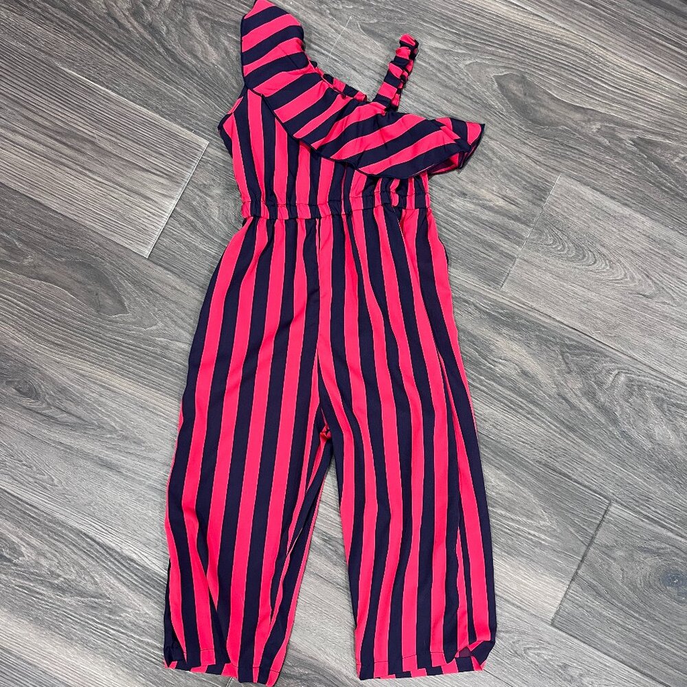 Girls 8-9 Striped Red / Navy Assymetrical Neckline Jumpsuit